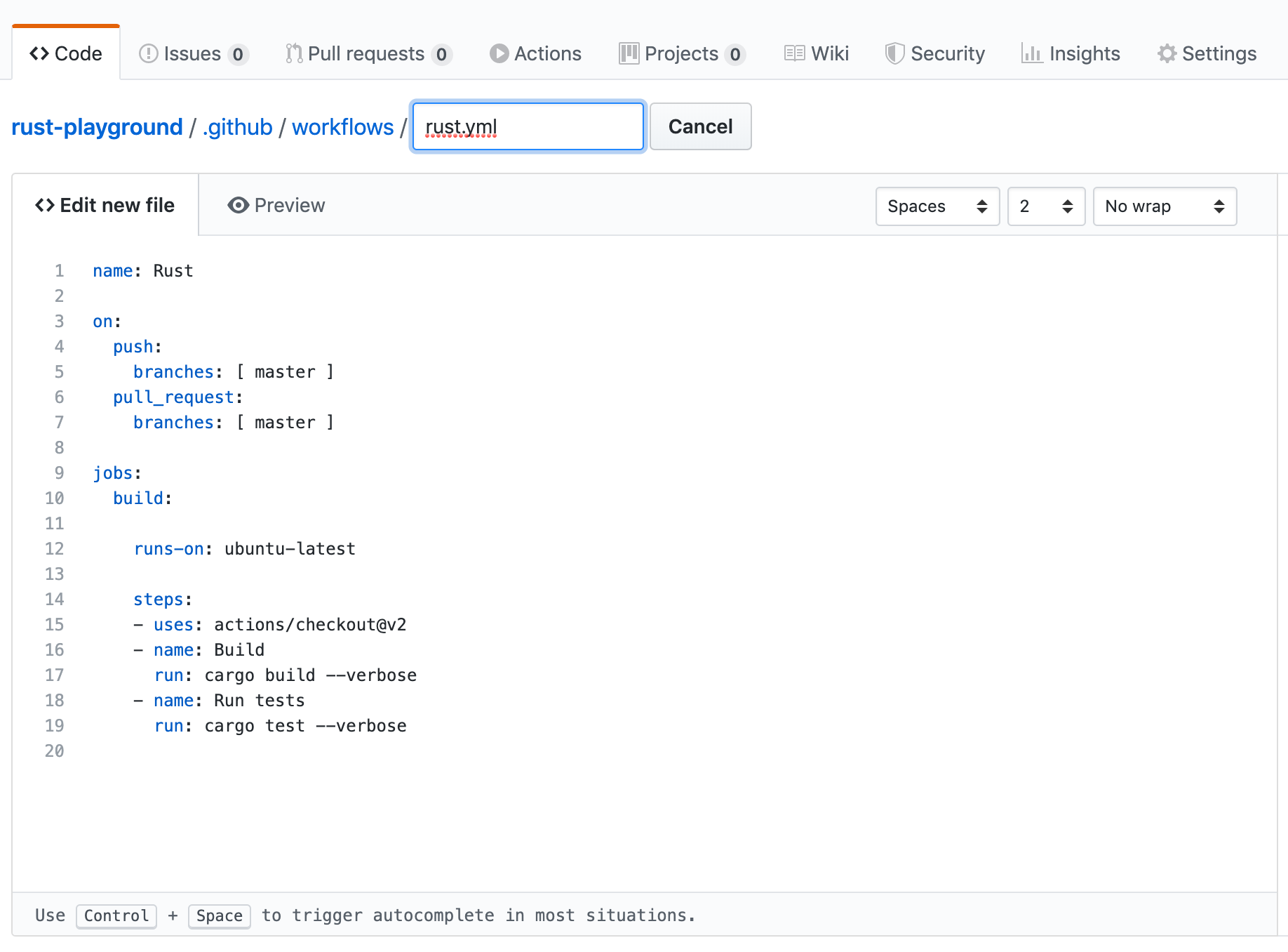 The default Rust actions template